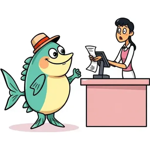 fish kelimesini hatırlatan çizim: "FİŞim?" diye yüzgecini uzatan müşteri bir BALIKtı.