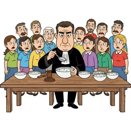 judge kelimesini hatırlatan çizim: CACIK yarışmasında kâseleri tadan, cübbeli bir YARGIÇtı.